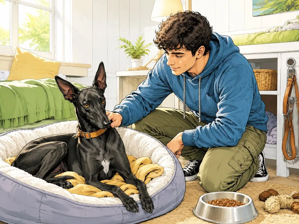 Comicbild: Ein Pflegestellenhelfer versorgt einen geretteten schwarzen Windhund in einer hellen sicheren Umgebung.