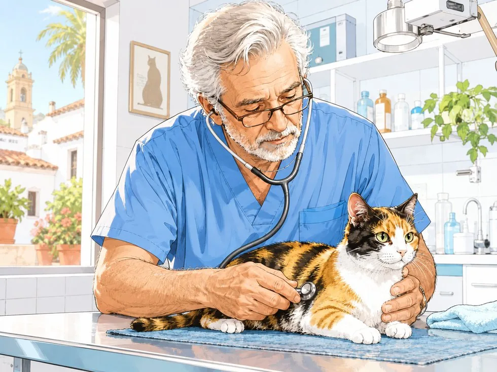 Comicbild: Ein Tierarzt untersucht eine gerettete dreifarbige Katze in einer hellen Tierklinik.