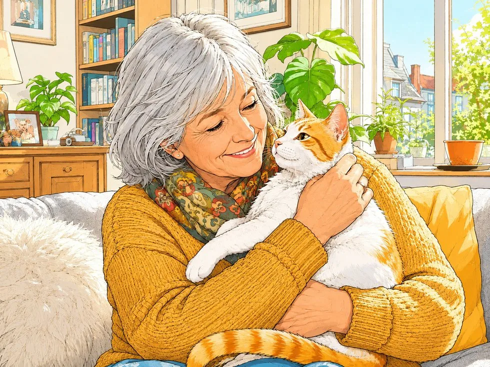 Comicbild: Eine ältere Frau in Deutschland begrüßt eine gerettete orange-weiße Katze in einem hellen Zuhause.